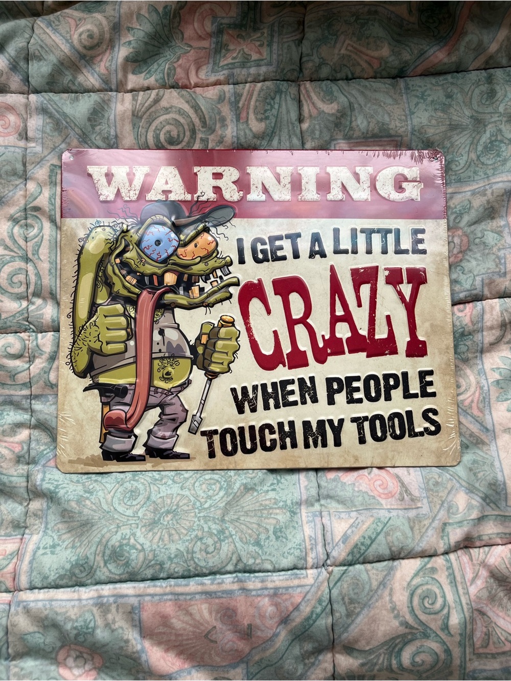 Hobby Lobby Ed Roth Rat Fink style tools mechanic tin metal sign